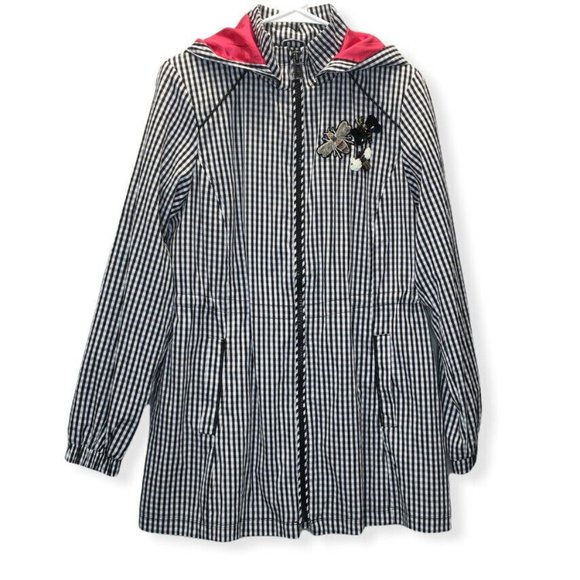 Dennis Basso Water Resistant Gingham Anorak Jacket Embellished Black White - Picture 2 of 11
